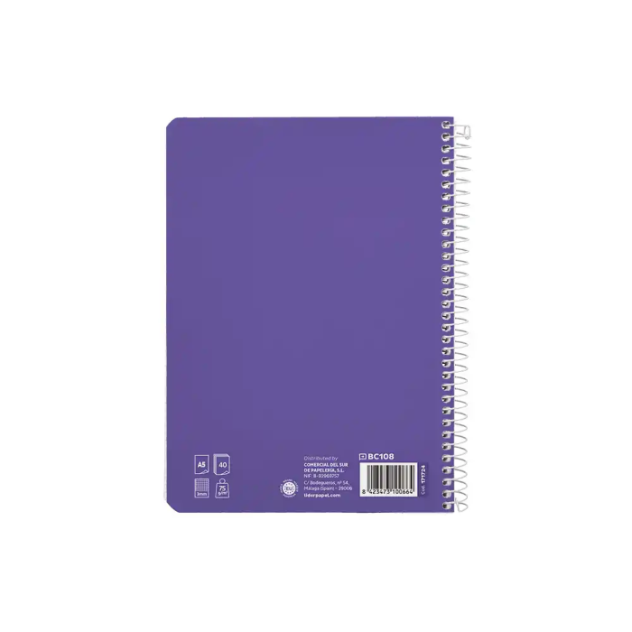Liderpapel Cuaderno Espiral Pautaguía A5, Tapa Blanda, 40 Hojas 75gr, Cuadro Pautado 3mm, Color Lila 2