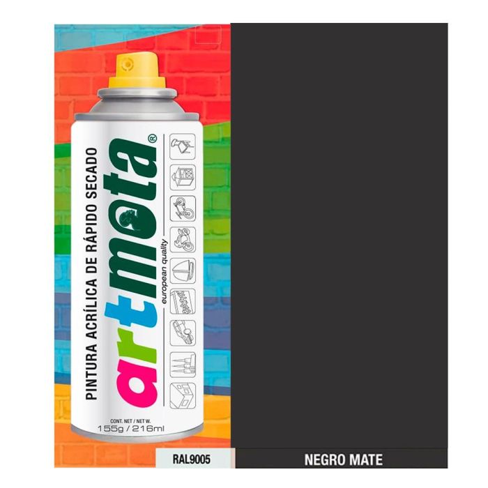 Mota Herramientas Spray Pintura Negro Mate RAL9005 216ml La02 Mota