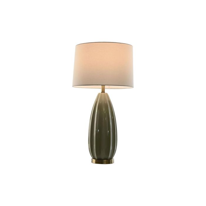 DKD Home Decor Lámpara de Sobremesa Moderna Verde y Blanco, con Base de Gres y Plafón de Lino, compatible con bombillas E27 LED, 41x41x78 cm 1
