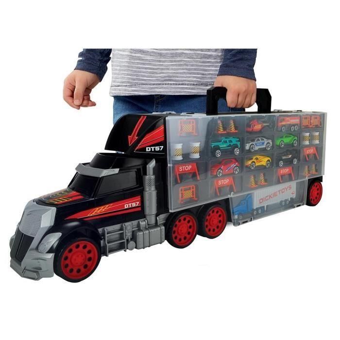 Dickie Toys Transportador de Coche 62cm con Asa – Maleta para 42 Vehículos en 5 Niveles, Incluye 7 Coches y 1 Helicóptero 1