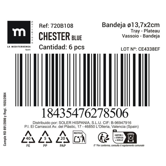 Bandeja Redonda Chester Blue 13.7 cm - Inde (24 Unidades) 1 Bandeja Redonda Chester Blue 13.7 cm - Inde (24 Unidades) 1