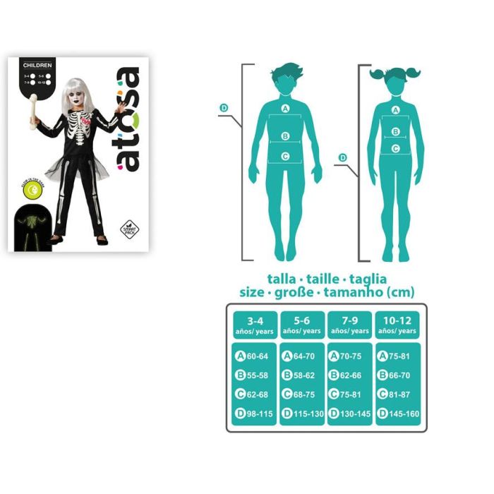 Disfraz Esqueleto Brillante Infantil Niña Falda Camiseta Pantalón Halloween 7-9 Años