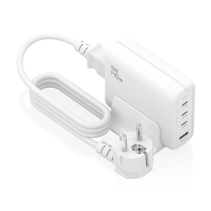 AISENS Cargador Sobremesa GaN 140W Universal con 3x USB-C PD3.1 y 1x USB-A QC3.0, para Portátiles y Móviles, Blanco