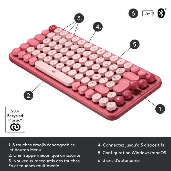 Teclado inalámbrico mecánico Logitech POP Keys con teclas Emoji personalizables, Bluetooth o USB, diseño compacto duradero - rosa 5 Teclado inalámbrico mecánico Logitech POP Keys con teclas Emoji personalizables, Bluetooth o USB, diseño compacto duradero - rosa 5