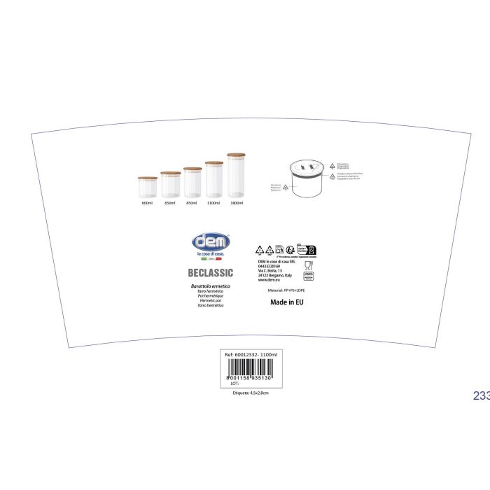 Inde Tarro Hermético Beclassic 1,10 L, 10,8 x 18 cm (12 Unidades) 2