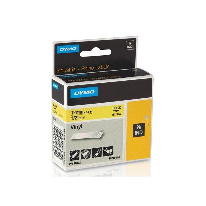 Dymo S0718450 Rhino Id1-12 Cinta de Etiquetas Adhesiva Industrial de Vinilo, Negro sobre Amarillo, 12 mm x 5.5 m