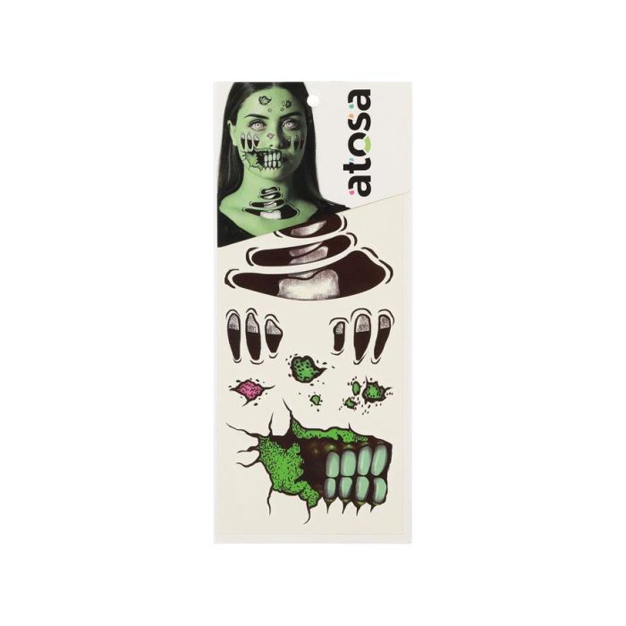 Maquillaje Tatuaje Facial Zombie Con Dientes Verdes Y Huesos Expuestos Halloween 1