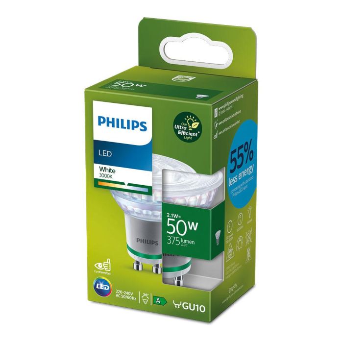 Bombilla ultra efficient led spot 36d 2,1w 375im gu10 3000k, 220-240v ac 50/60hz. philips 1