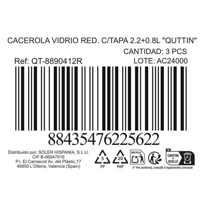 Quttin Cacerola Redonda de Vidrio con Tapa 2.2 + 0.8 Litros, 26.5 x 23 x 11 cm (3 Unidades) 5