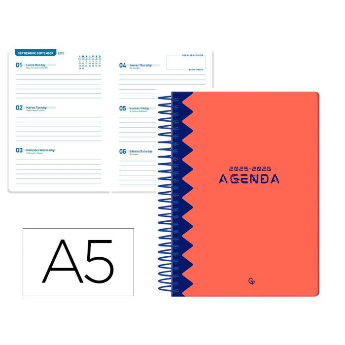 Agenda Escolar Liderpapel 25-26 Espiral Classic Rojo Semana Vista A5 Bilingüe Papel Fsc 70 gr