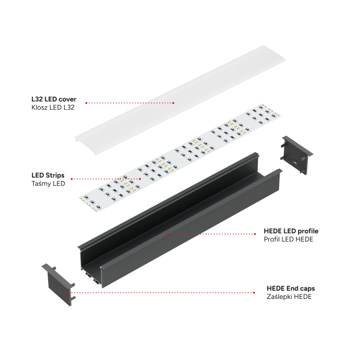 Perfíl Aluminio KIMERA-"HEDE" Anodizado Negro con Difusor Opal , Tapones y Clips Sujección 2,02M 2
