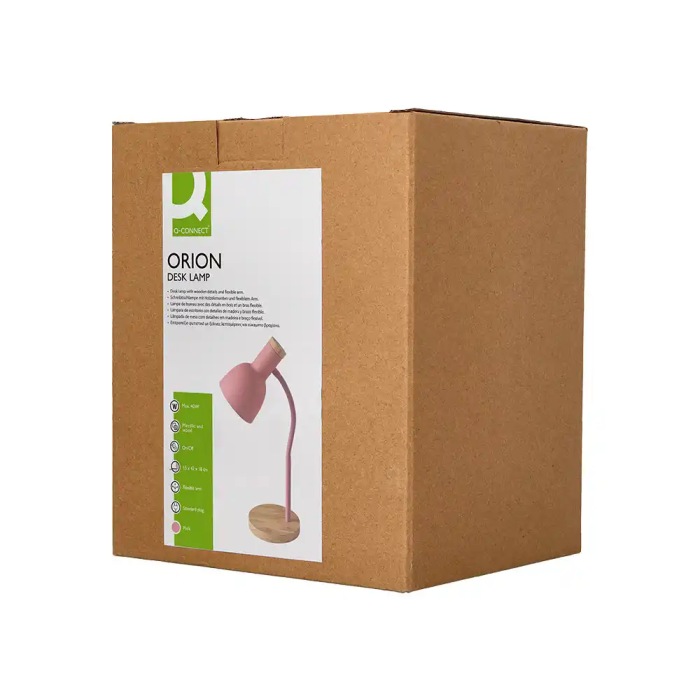 Q-connect Lámpara de Escritorio Orion Metálica con Detalles de Madera, Brazo Flexible, Color Rosa 10