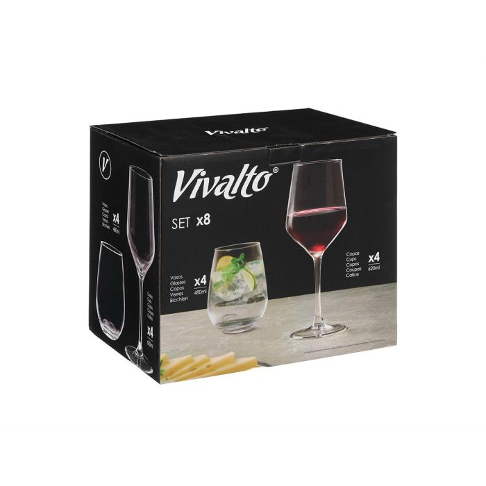 Vivalto Set de 8 Piezas de Vidrio Transparente con Vasos de 480 ml y Copas de 620 ml (2 Unidades) 2 Vivalto Set de 8 Piezas de Vidrio Transparente con Vasos de 480 ml y Copas de 620 ml (2 Unidades) 2