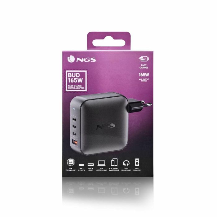 NGS Cargador Portátil BUD165W GaN 165W 3xUSB-C + 1xUSB-A Automático Voltaje 5-21V 1