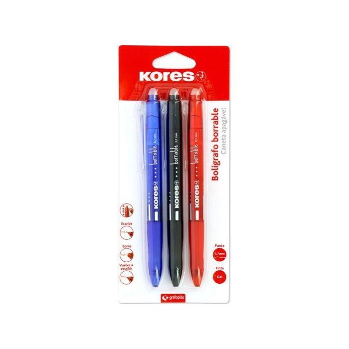 Kores Bolígrafo Tinta Borrable Gel Point, Retráctil 0.7 mm, Blíster 3 Unidades Colores Surtidos (Negro, Azul, Rojo)