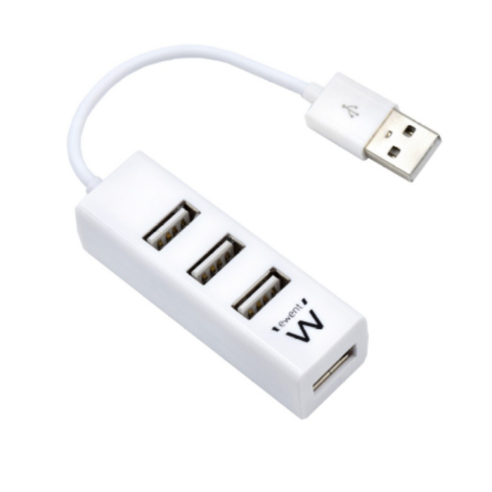 Ewent EW1122 Hub USB 2.0 de 4 Puertos Blanco con Alimentación por USB. Concentrador de Interfaz Plug & Play para PC/Laptop.