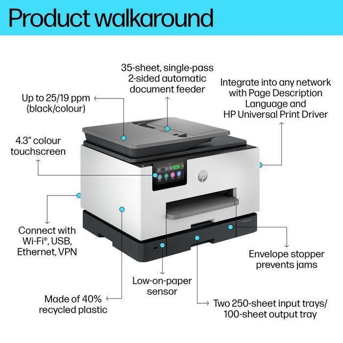HP OfficeJet Pro 9130b Impresora Multifunción Inyección Tinta Térmica Color A4, Wifi, Dúplex (impresión/escaneo), ADF, 25ppm, Pantalla Táctil 3