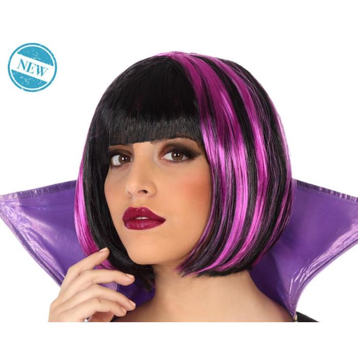 Peluca Corta Lisa Negra Con Mechas Moradas Para Disfraz De Vampiresa O Hechicera Halloween Cosplay