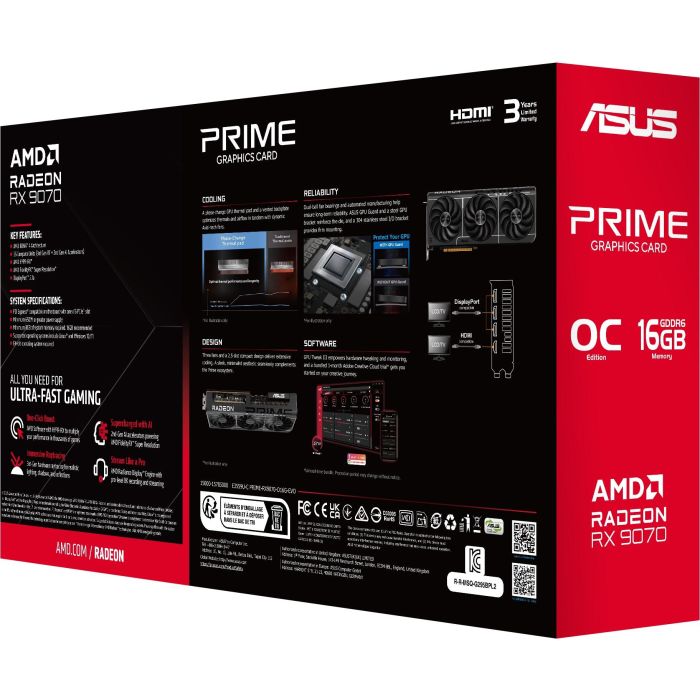 ASUS PRIME-RX9070-O16G-EVO Tarjeta Gráfica Radeon RX 9070 16GB GDDR6 256-bit PCI Express 5.0 9