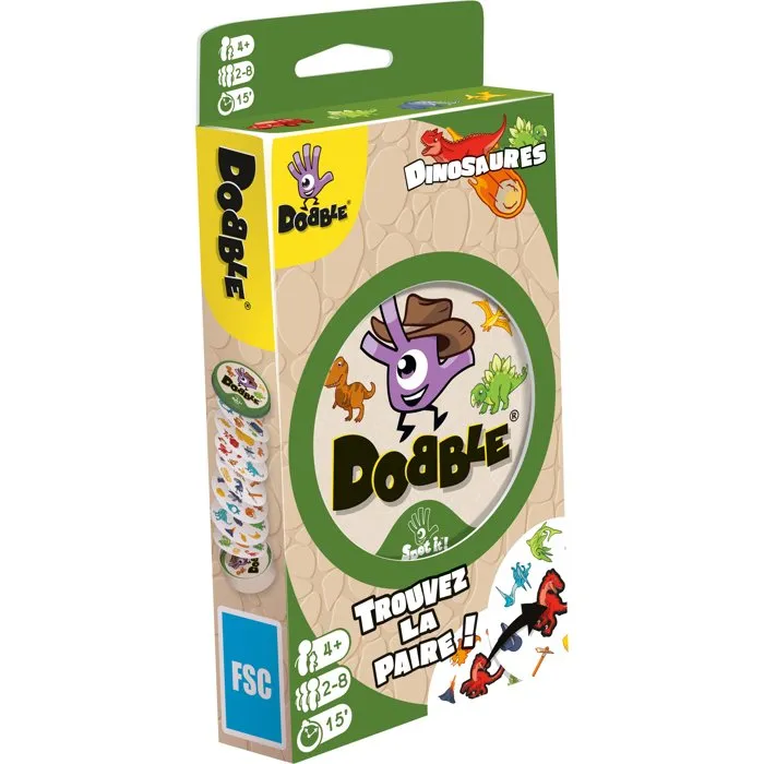 Asmodee ASM3558380135098 Juego Dobble Dinosaurios - Juego de Observación y Velocidad Familiar - Edad 4+, 2-8 Jugadores, 15 min - Versión en Francés