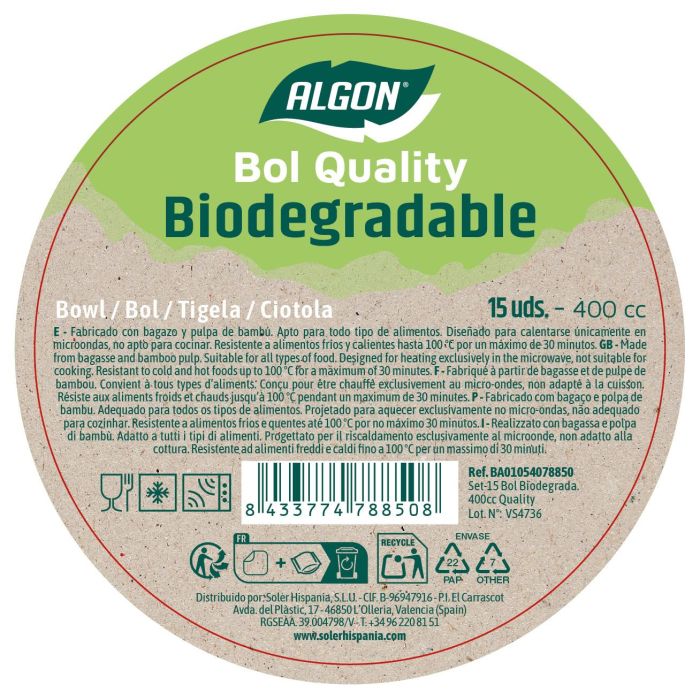 Inde Set de 15 Bols Biodegradables 400 cc Quality Algon (24 Unidades) 7 Inde Set de 15 Bols Biodegradables 400 cc Quality Algon (24 Unidades) 7