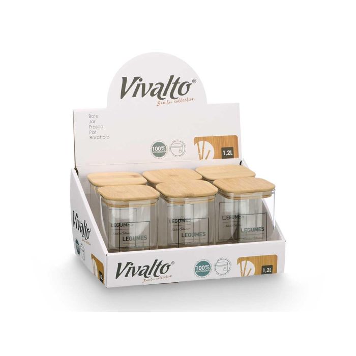 Bote Cuadrado Borosilicato Tapa Bambu Legumes 1,2L Vivalto 10X15CM (12 Unidades) 1 Bote Cuadrado Borosilicato Tapa Bambu Legumes 1,2L Vivalto 10X15CM (12 Unidades) 1