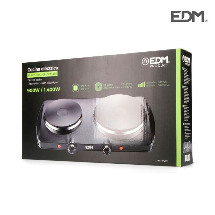 Edm Cocina eléctrica 2 fuegos ce/a13 1400W negra, 5 niveles de potencia, fácil de limpiar 2 Edm Cocina eléctrica 2 fuegos ce/a13 1400W negra, 5 niveles de potencia, fácil de limpiar 2