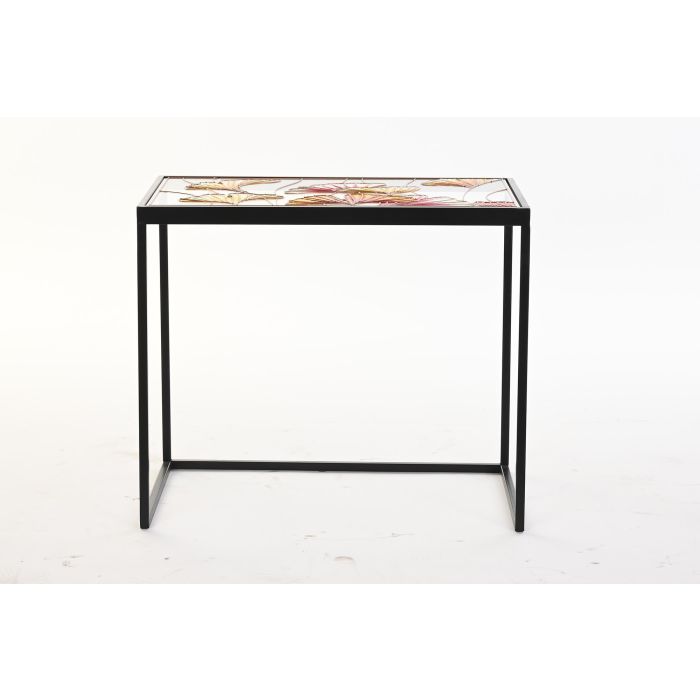 DKD Home Decor Mesita Auxiliar Tropical Set de 3 con Hojas, de Metal y Cristal, Amarillo Negro, 40x60x50cm 2