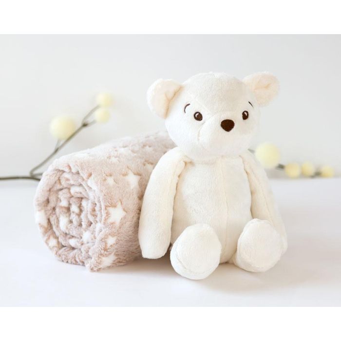 KioKids Oso de Peluche Blanco con Mantita de Estrellas para Bebé, 25cm, Manta 100x100cm, Poliéster, +0 Meses