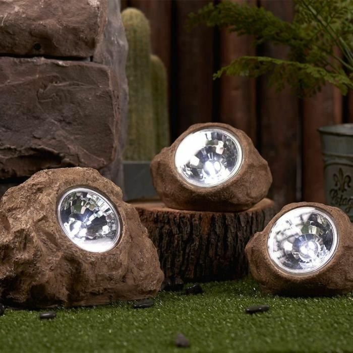 Juego de 3 piedras solares de jardín para instalar - LUMISKY - ROCKY BROWN - 14 y 9 cm - Marcación - LED blanco 3