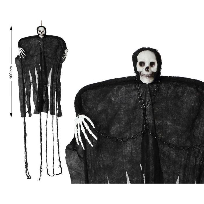 Decoración Colgante Esqueleto Con Capucha Negra Y Lazos Rojos 100 cm