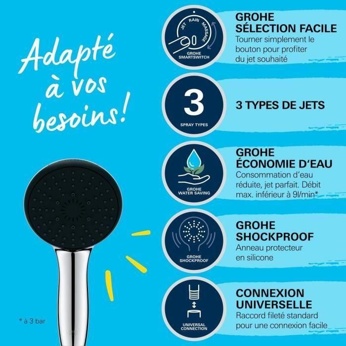 Rociador de ducha - GROHE Vitalio Start 110 26031001 - 3 chorros (Lluvia/Estimulante/Masaje) - Fácil selección - Ahorro de agua - Cromado 3 Rociador de ducha - GROHE Vitalio Start 110 26031001 - 3 chorros (Lluvia/Estimulante/Masaje) - Fácil selección - Ahorro de agua - Cromado 3