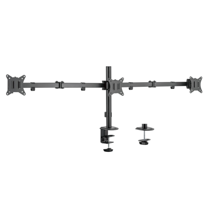 Ewent EW1513 Soporte de Escritorio para 3 Monitores (hasta 27" / 68,6 cm) - Capacidad 7kg, VESA 75/100, Ajustable, Negro