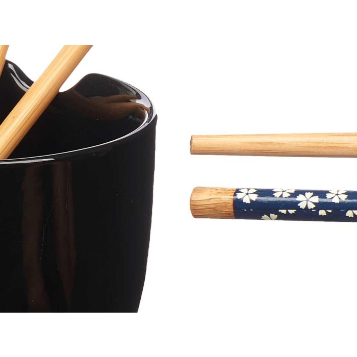 Kinvara Bowl Porcelana Asiatico Negro con Palillos Bambu 24x10.7x13.3 cm (Set de 12)