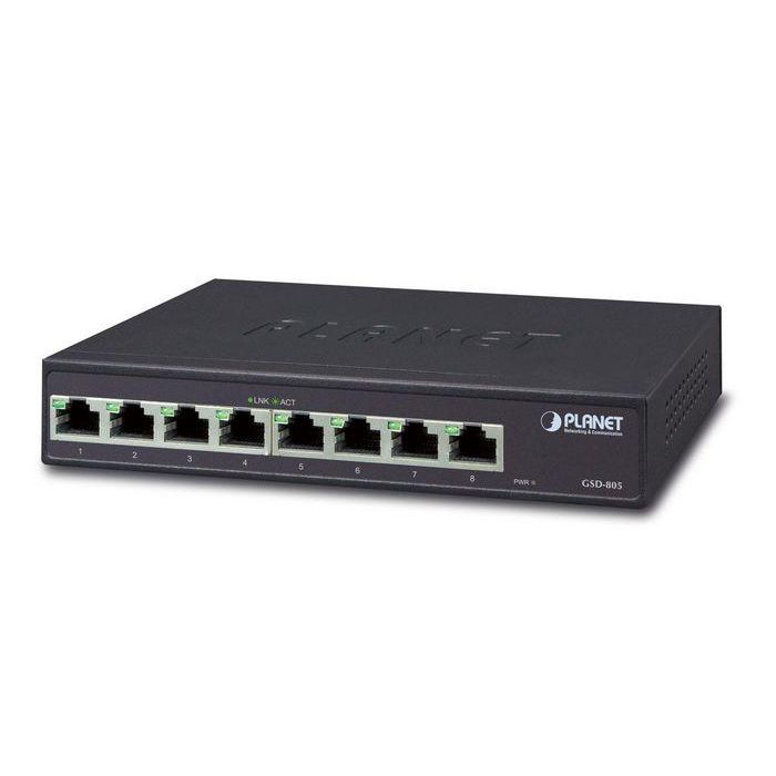 Planet GSD-805 Switch Ethernet Gigabit 8 Puertos, Ahorro Energía, Sin Ventilador, Carcasa Metálica, Plug & Play