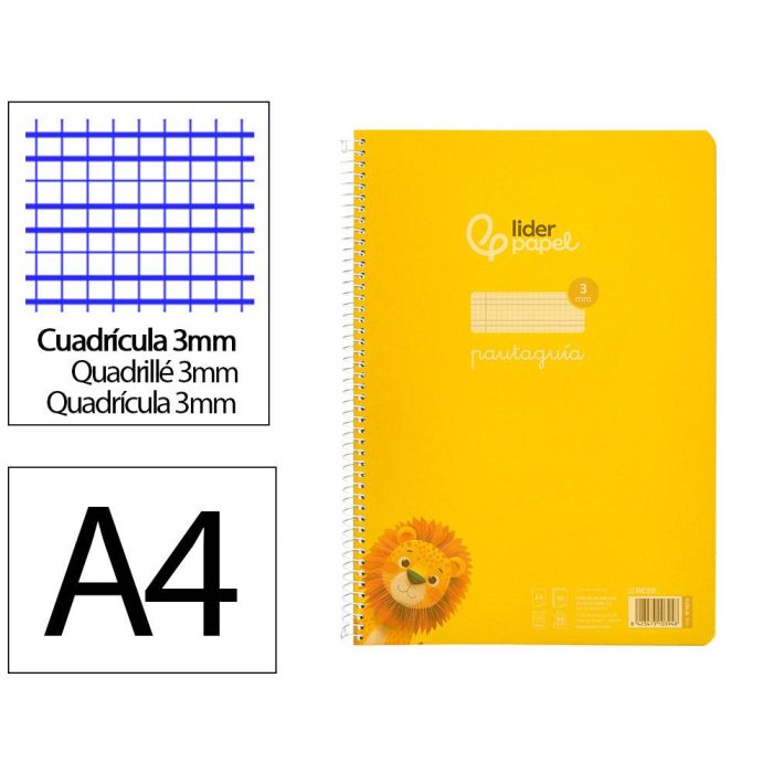 Cuaderno Espiral Liderpapel Din A4 Pautaguia Tapa Plastico 80H 90 gr Cuadro Pautado 3 mm Con Margen Color Amarillo 4 unidades