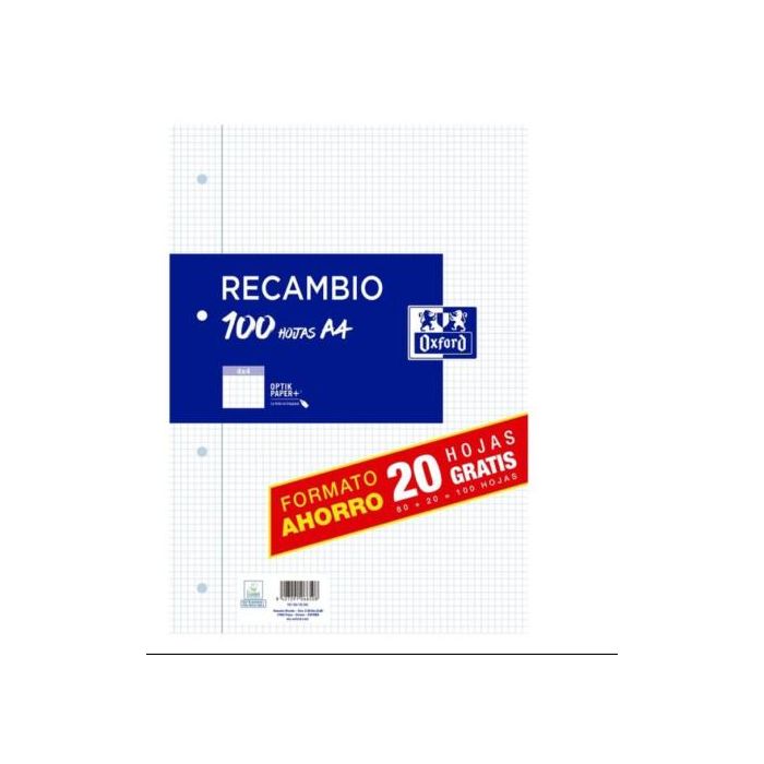 Oxford Recambio de Hojas Sueltas Din A4 90 gr Cuadrícula 4x4 4 Taladros OptikPaper - Pack 100 Hojas (80 + 20 Gratis) Oxford Recambio de Hojas Sueltas Din A4 90 gr Cuadrícula 4x4 4 Taladros OptikPaper - Pack 100 Hojas (80 + 20 Gratis)