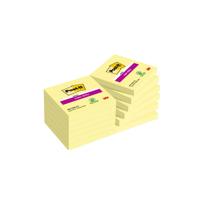 Post-it Bloc de Notas Adhesivas Super Sticky 76x76 mm Amarillo Canario con 12 Blocs Individuales