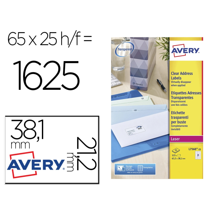 Avery 65 X 25H Etiquetas Adhesivas Mini para Envíos Transparentes Láser 38,1x21,2 0 Avery 65 X 25H Etiquetas Adhesivas Mini para Envíos Transparentes Láser 38,1x21,2 0