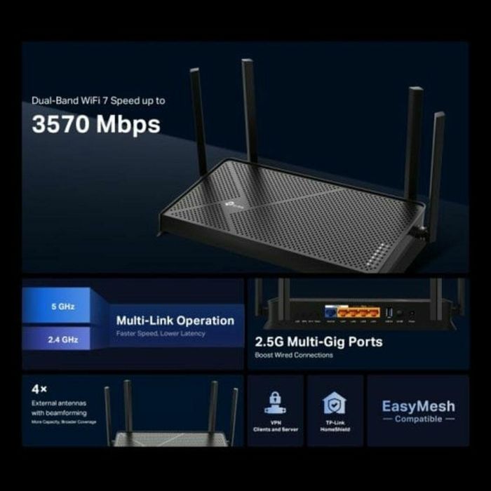 TP-Link Archer BE3600 Router Wi-Fi 7 Inalámbrico Doble Banda 2.4/5GHz 2.5 Gigabit Ethernet 2882 Mbps MU-MIMO USB Negro 7