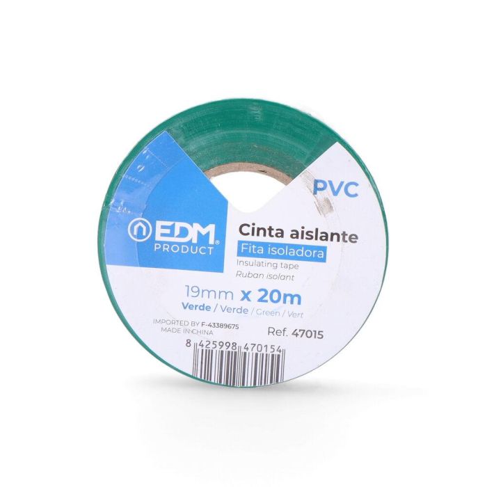 Edm Cinta Aislante Supra Verde 19 mm x 20 m PVC Resistente Electricidad 0.15mm 1