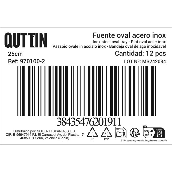 Fuente Oval Quttin 25 cm Acero Inoxidable (36 Unidades) 1 Fuente Oval Quttin 25 cm Acero Inoxidable (36 Unidades) 1