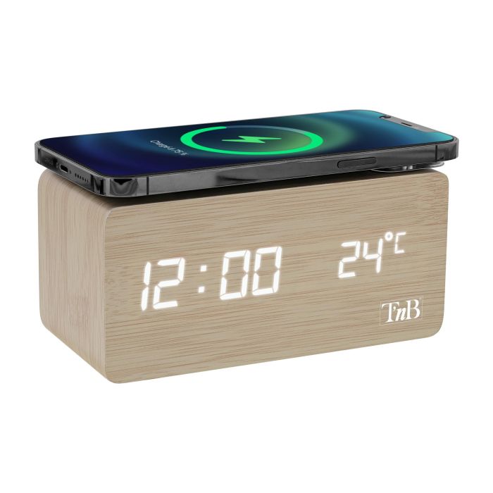 TNB JOY - Reloj despertador LED de 3 alarmas con cargador de inducción - efecto madera