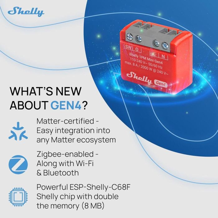 Shelly Relais 1PM Mini Gen4 WLAN BT Matter Zigbee Messfunktion max 8A 1 Kanal Unterputz 12