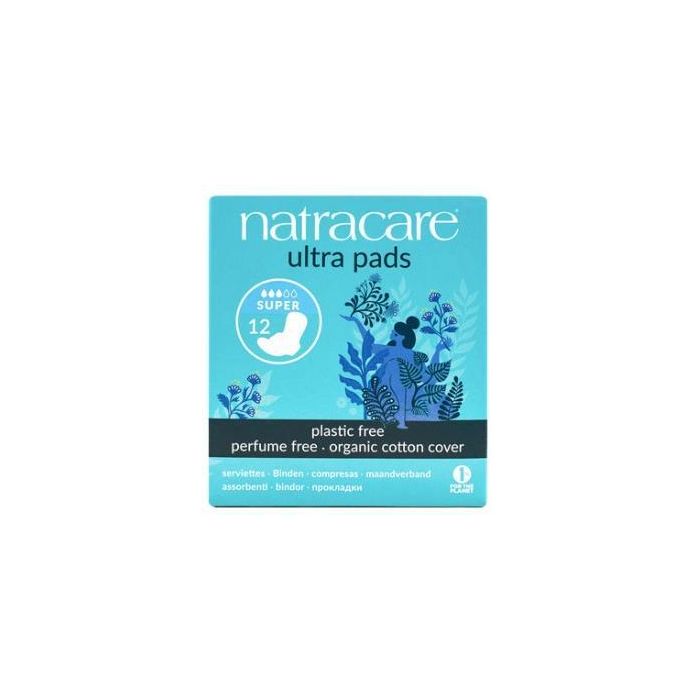 NATRACARE Compresas Super con Alas 12 Uds. de Algodón Orgánico para Flujo Abundante Sin Plásticos ni Químicos
