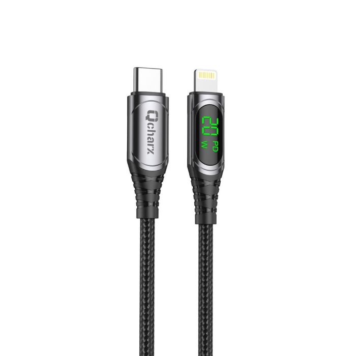 Qcharx international Cable Tipo C a Lightning Mallorca con Pantalla LED Indicadora de Potencia y Cable Anti-nudos Gris Oscuro 1m