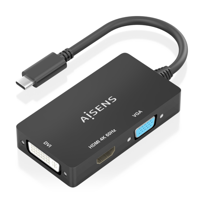 Aisens A109-0954 Conversor USB-C Macho a DVI/HDMI/VGA Hembra 3 en 1, soporta 4K 60Hz HDMI y 1080p DVI/HDMI/VGA simultáneo, 15cm Negro