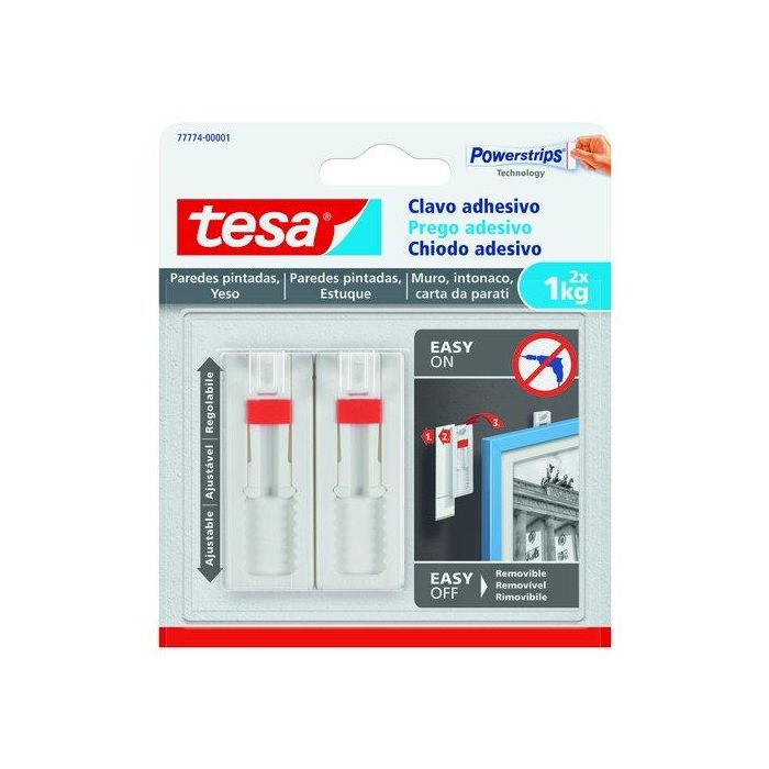Tesa Pack de 2 Clavo Adhesivo Ajustable Hasta 1 kg Para Pared Lisa, Ideal para Colgar Cuadros