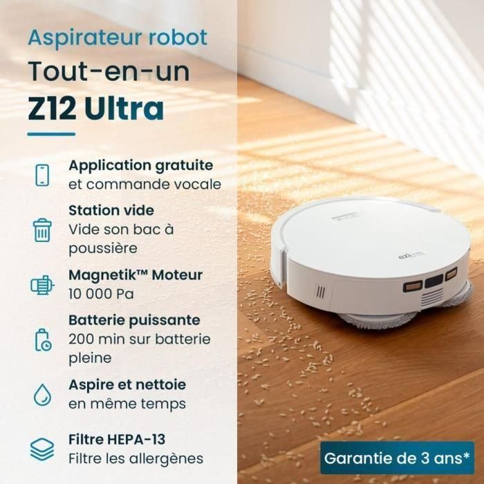 Eziclean EZI3760372558321 All In One Z12 Ultra - Robot aspirador y mopa conectado con base de vaciado, 270 min, 1.8 L, Blanco 1