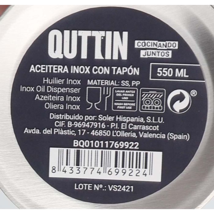 Aceitera de acero inoxidable 550 ml con tapón Quttin (12 Unidades) 7 Aceitera de acero inoxidable 550 ml con tapón Quttin (12 Unidades) 7